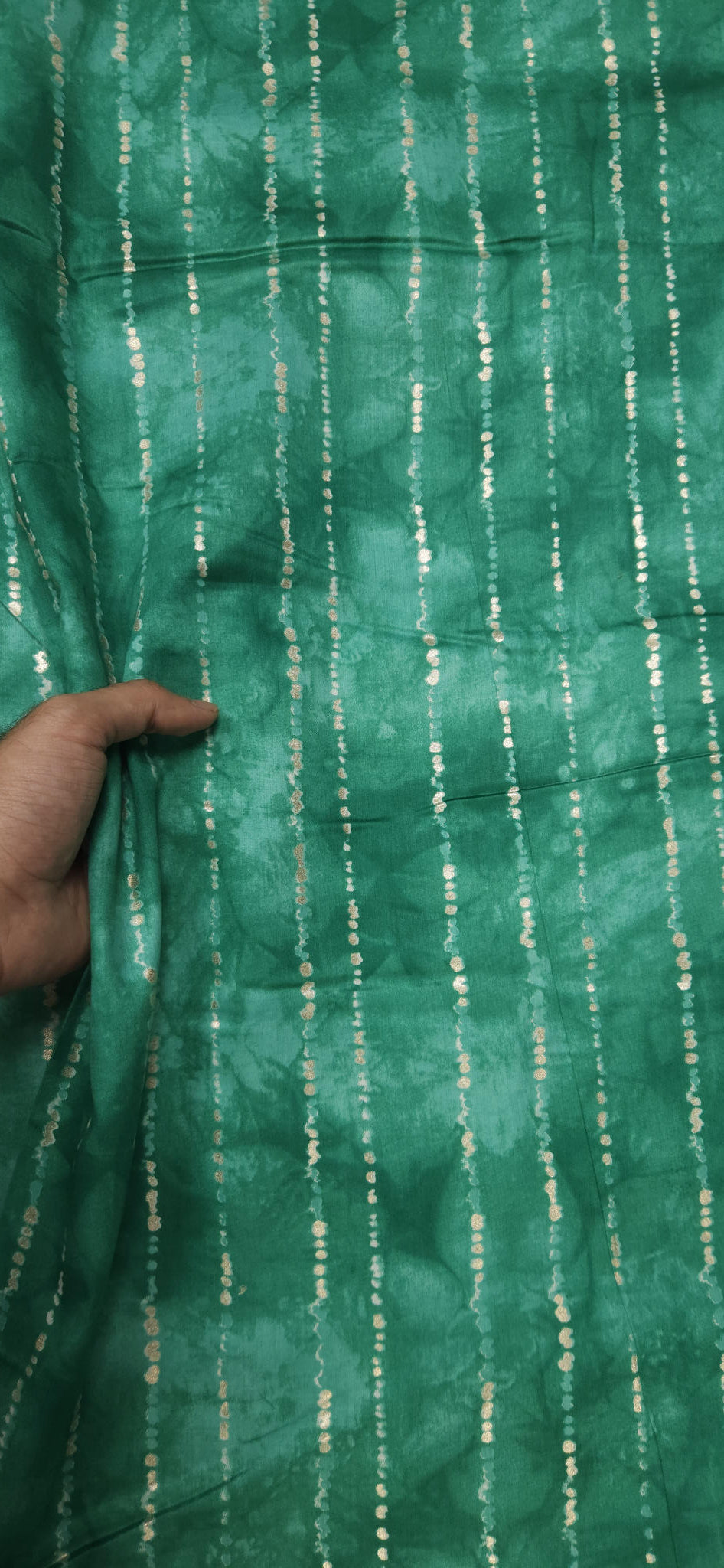 Emerald Green Jaam Cotton Fabric with Gold Dotted Stripe Pattern