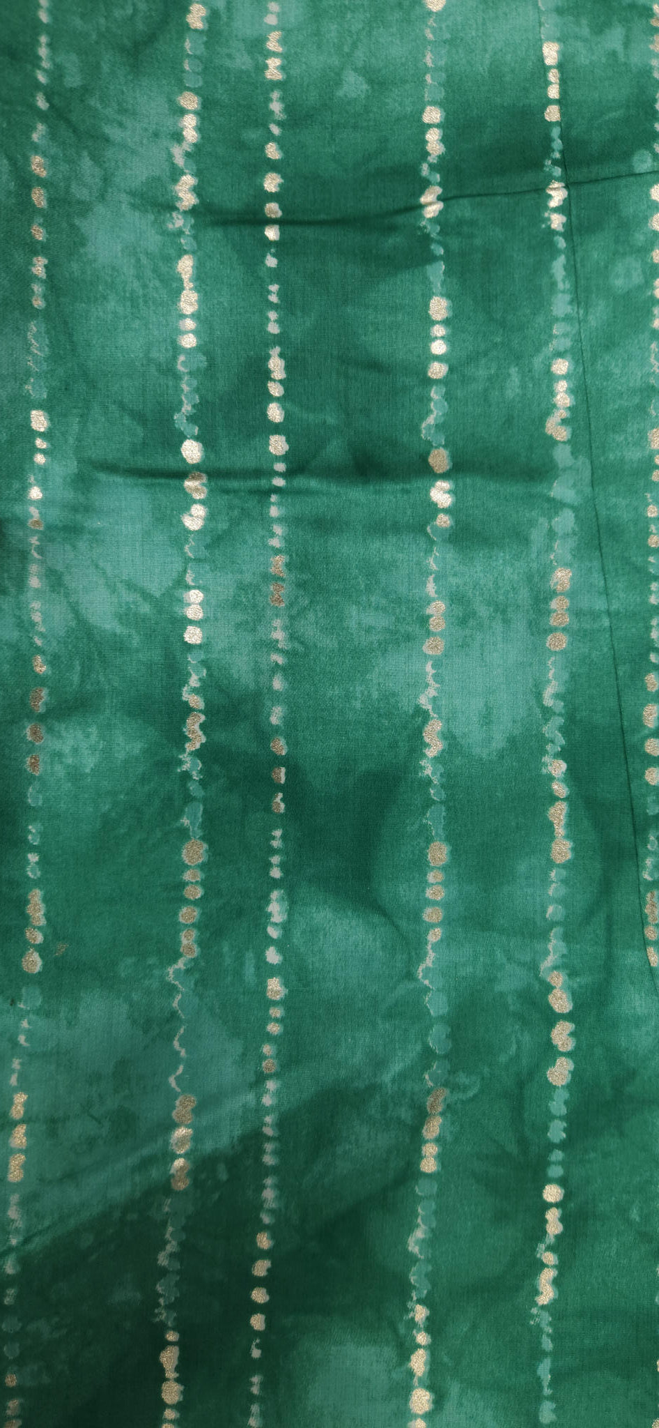Emerald Green Jaam Cotton Fabric with Gold Dotted Stripe Pattern