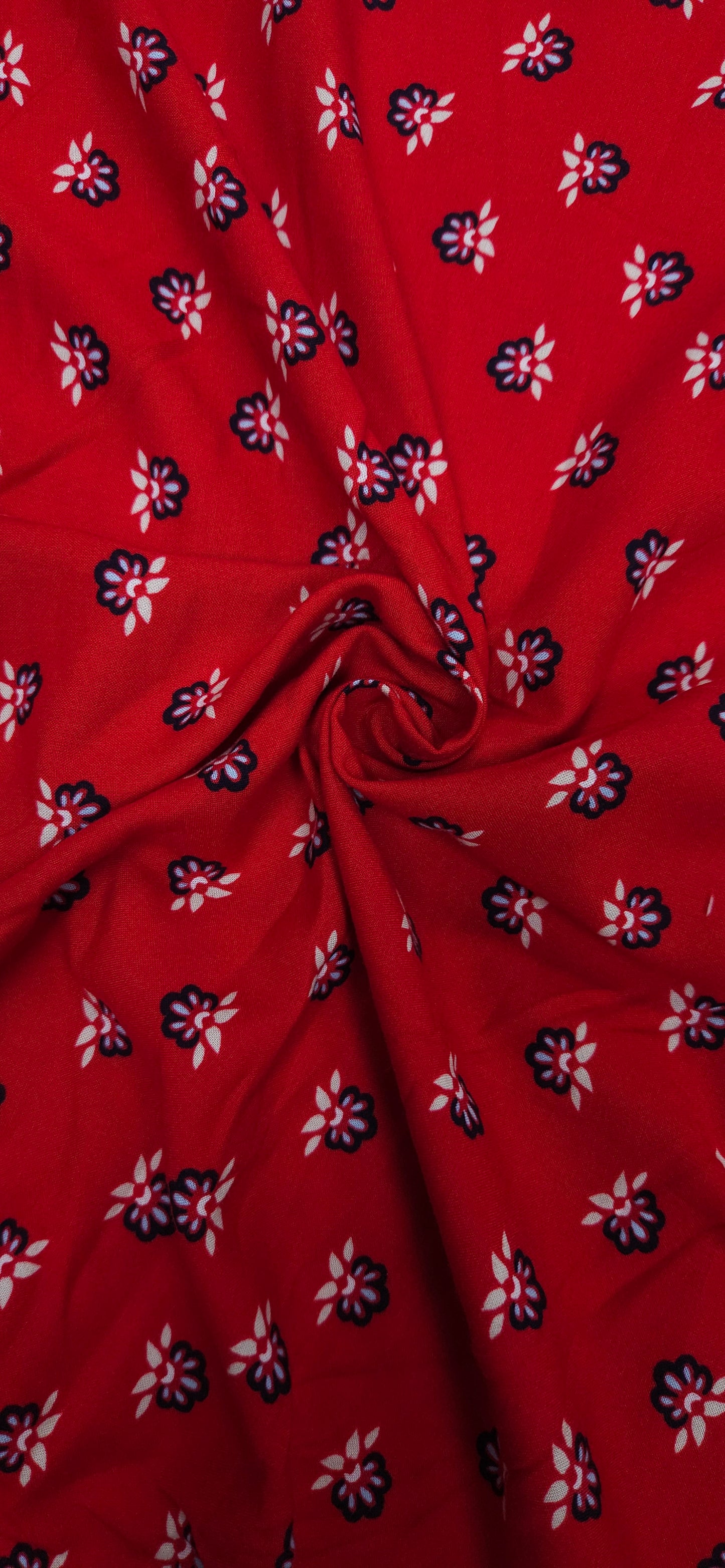 Classic Red Small Flower Modal Rayon Suit Set with Black Solid Bottom