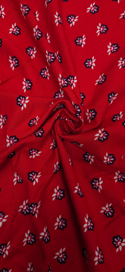 Classic Red Small Flower Modal Rayon Suit Set with Black Solid Bottom
