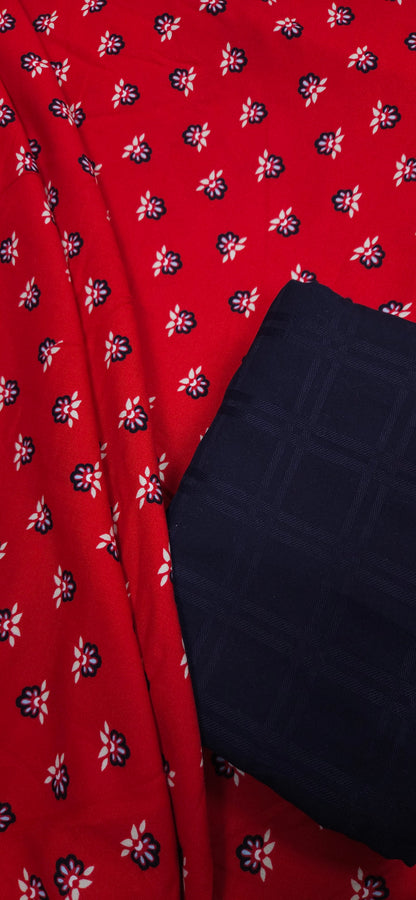 Classic Red Small Flower Modal Rayon Suit Set with Black Solid Bottom