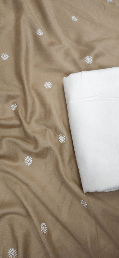Beige Buti Cotton Suit Set with Solid Bottom