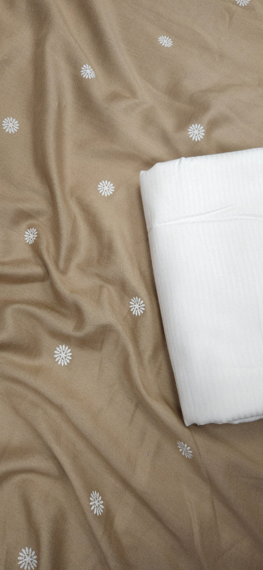 Beige Buti Cotton Suit Set with Solid Bottom