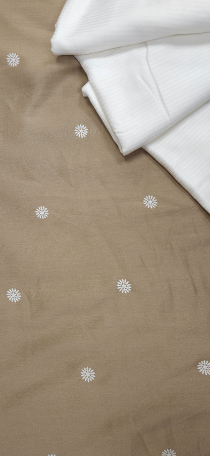 Beige Buti Cotton Suit Set with Solid Bottom