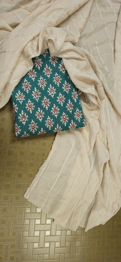 Teal Floral Modal Rayon Suit with Malmal Dupatta