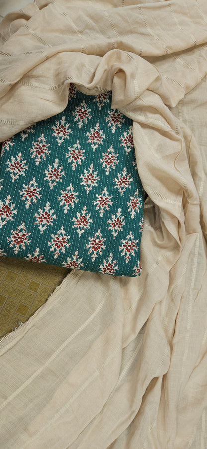 Teal Floral Modal Rayon Suit with Malmal Dupatta
