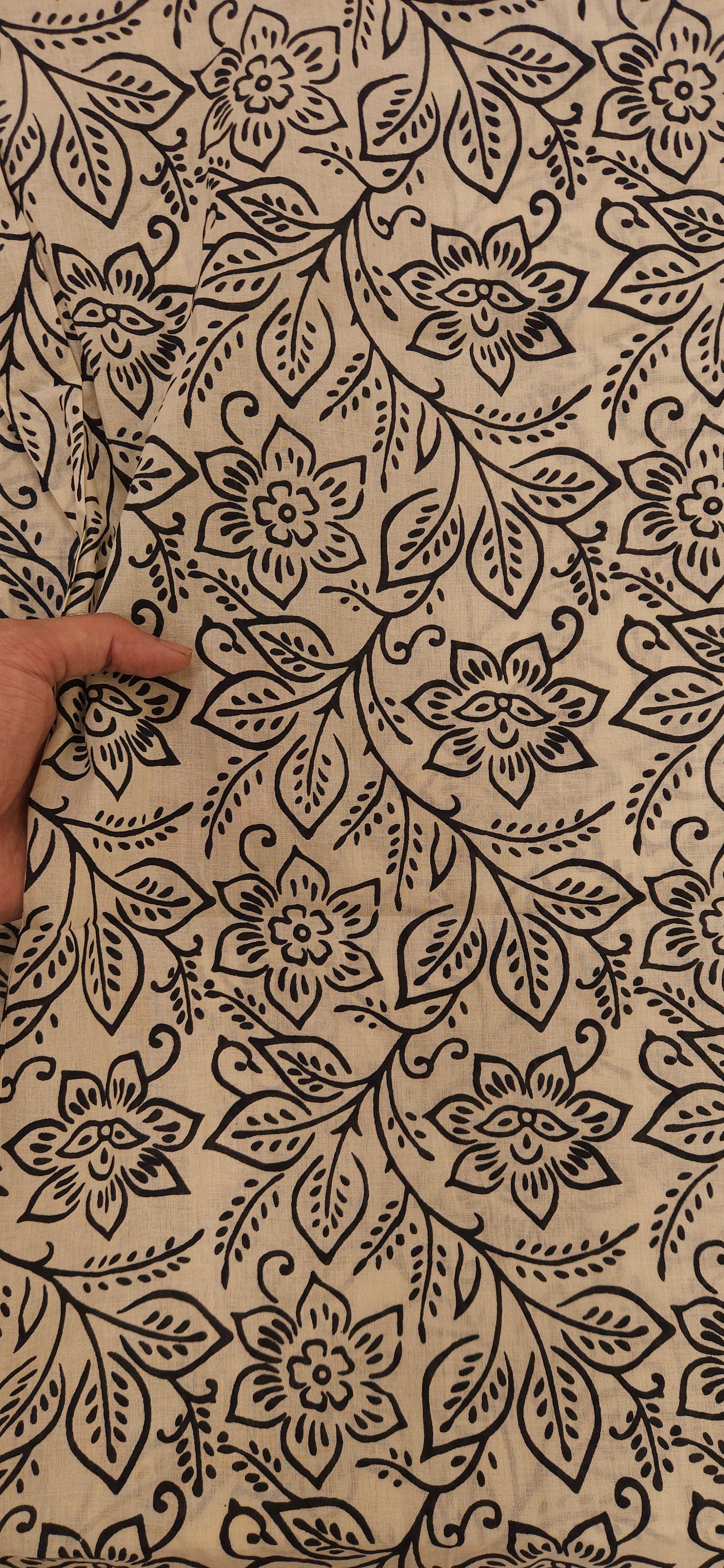 Beige & Black Floral Printed Cotton Fabric