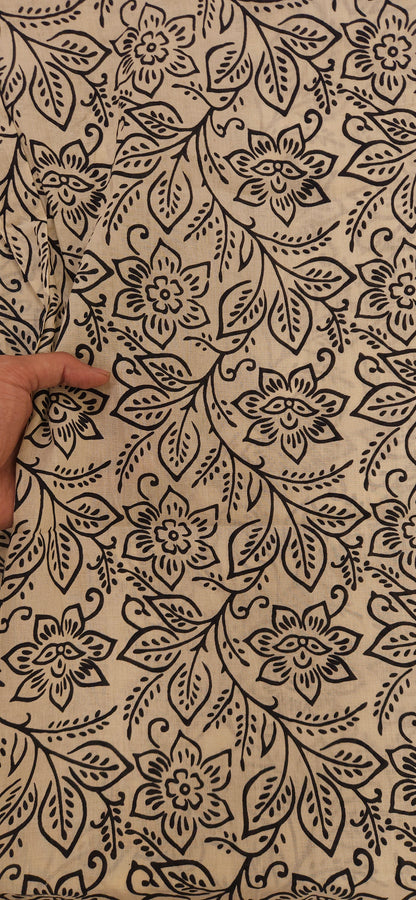 Classic Noir Floral Beige Cotton Fabric with Elegant Border