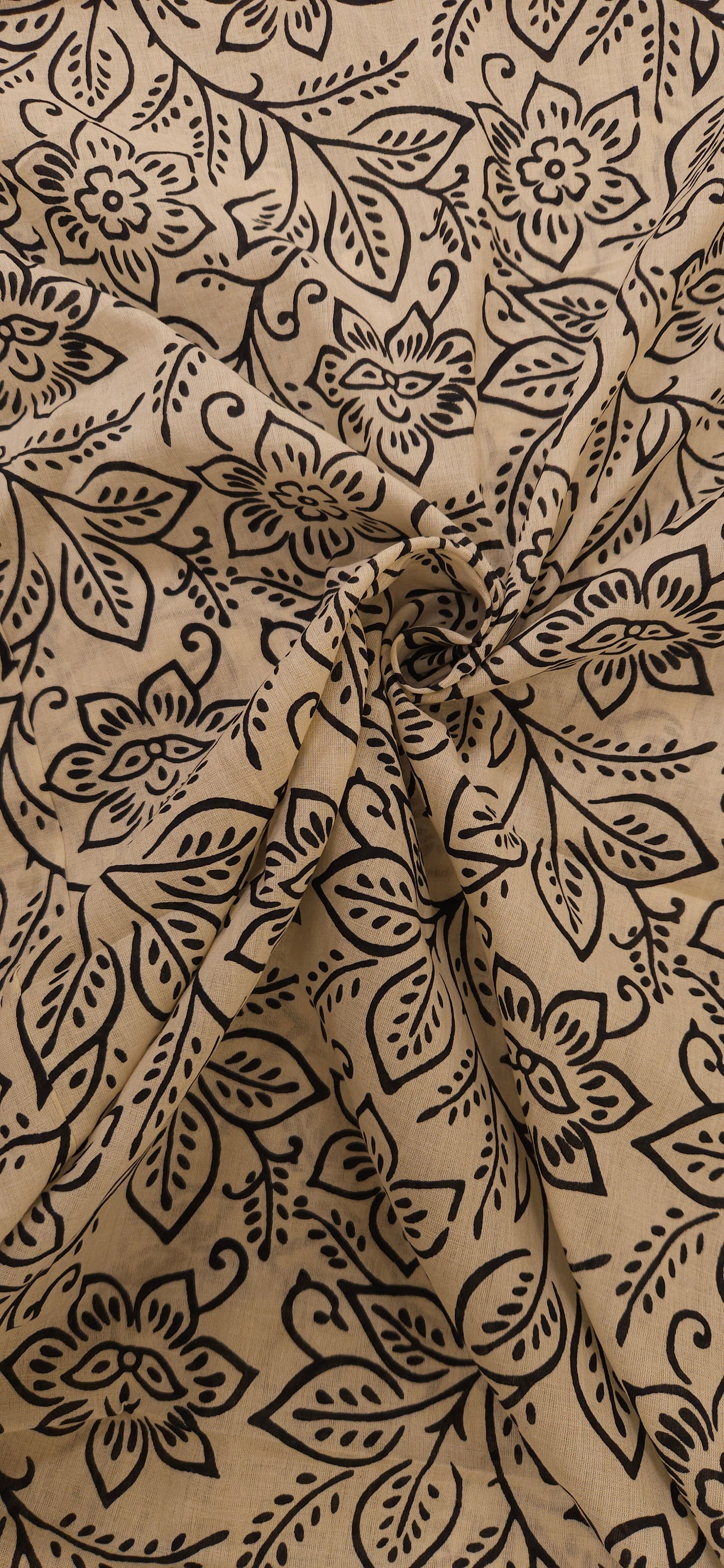 Beige & Black Floral Printed Cotton Fabric