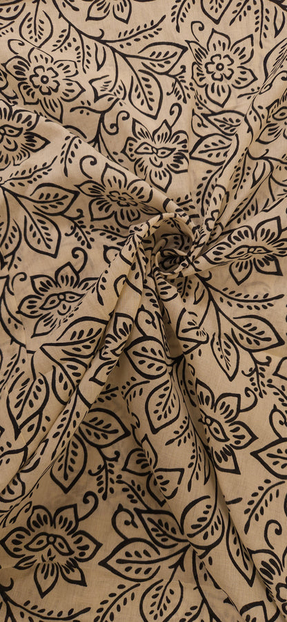 Beige & Black Floral Printed Cotton Fabric