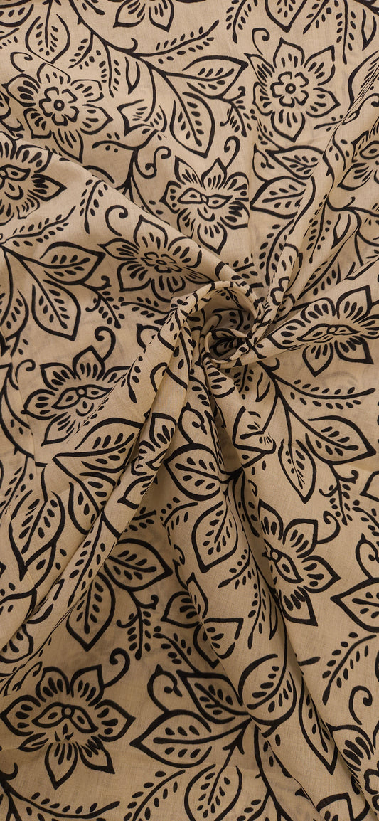 Beige & Black Floral Printed Cotton Fabric