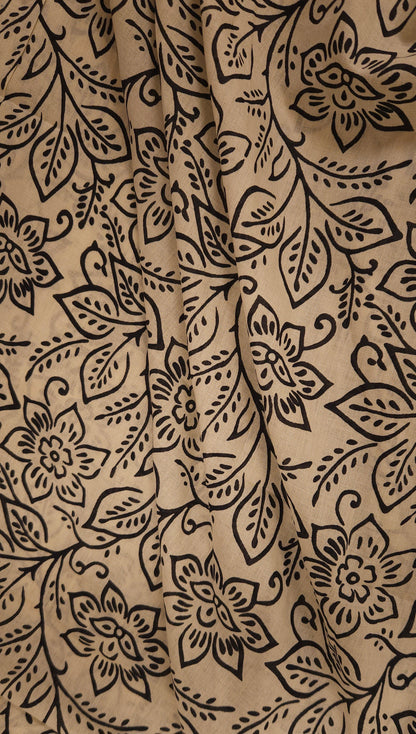 Classic Noir Floral Beige Cotton Fabric with Elegant Border
