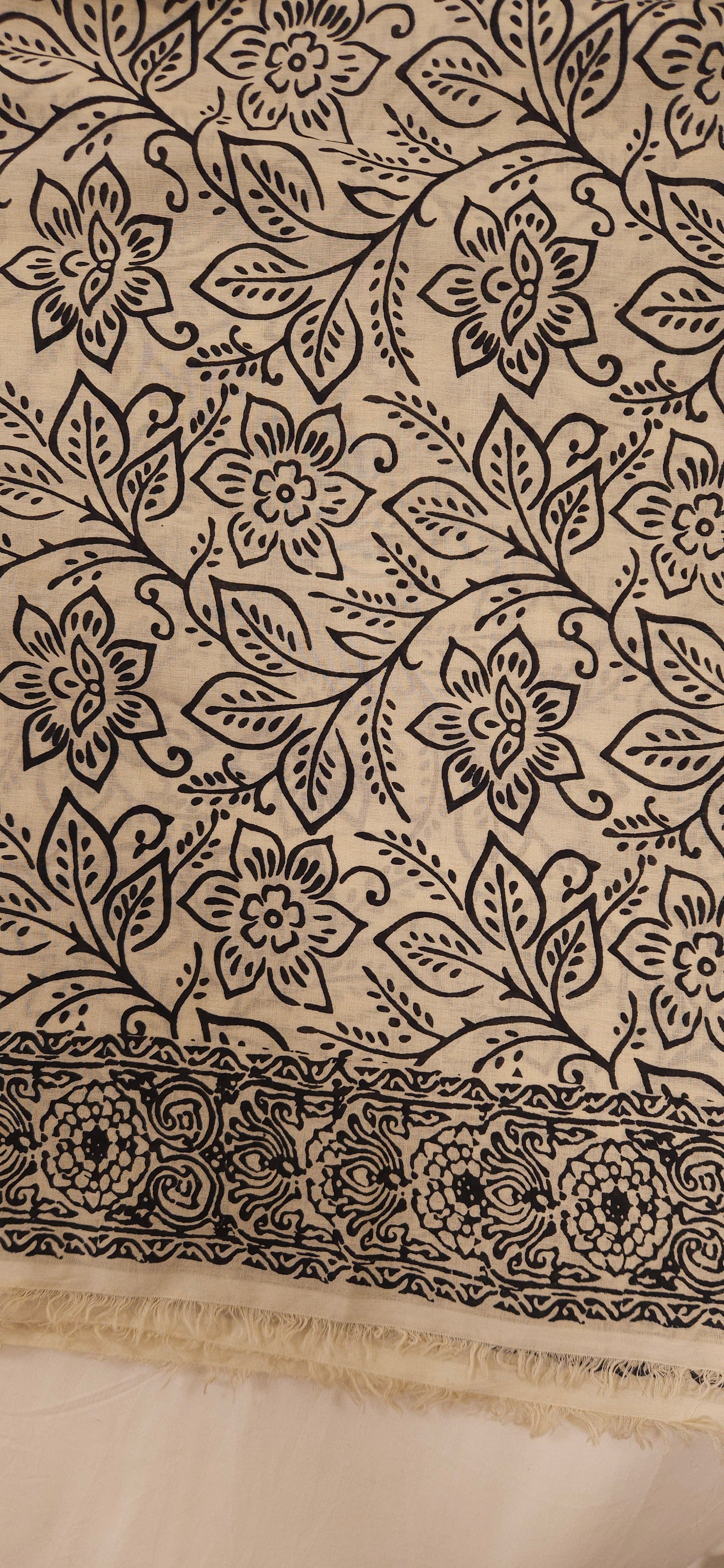 Classic Noir Floral Beige Cotton Fabric with Elegant Border