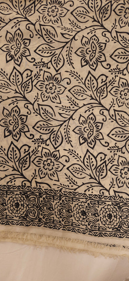 Classic Noir Floral Beige Cotton Fabric with Elegant Border