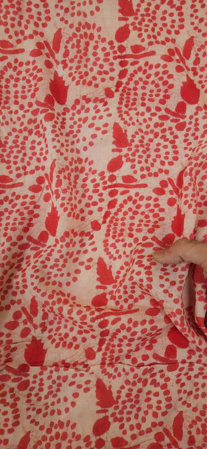 Beige Mal Cotton Fabric with Red Floral Print