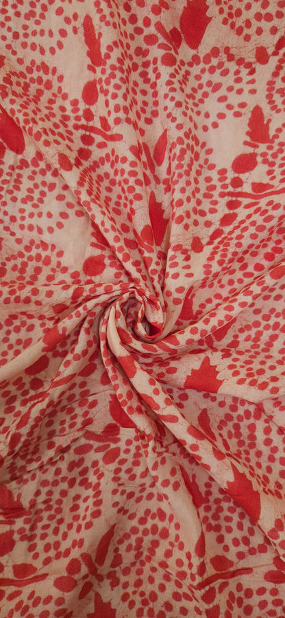 Beige Mal Cotton Fabric with Red Floral Print