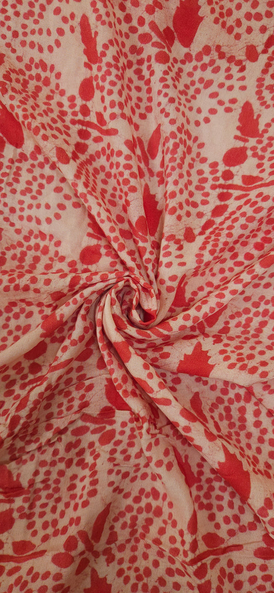 Beige Mal Cotton Fabric with Red Floral Print