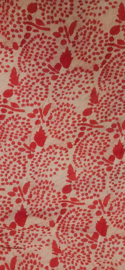 Beige Mal Cotton Fabric with Red Floral Print