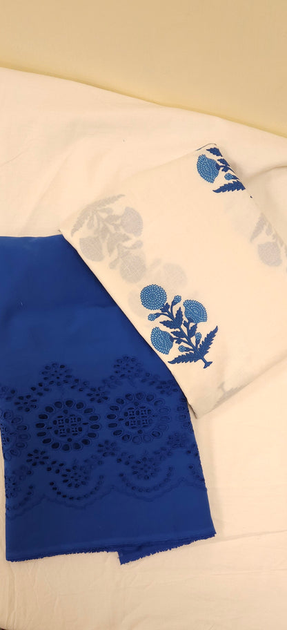 Indigo Floral Cotton Suit Set with Schiffli Bottom