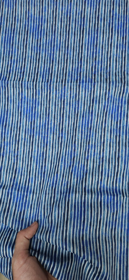 Blue Printed Cotton Suit Fabric Set with Striped Bottom