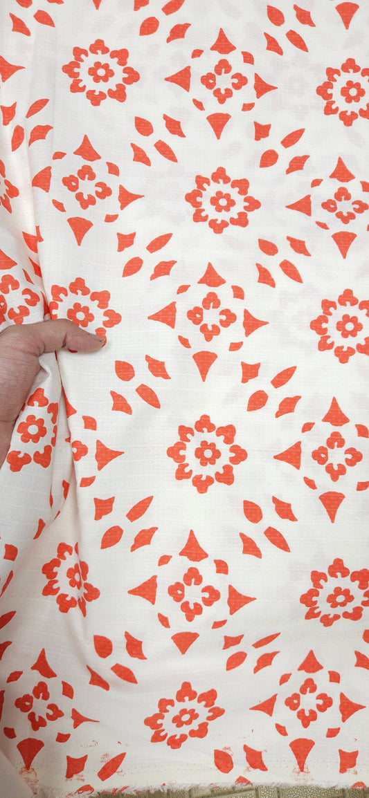 Off White Orange Ethnic Print Cotton Fabric