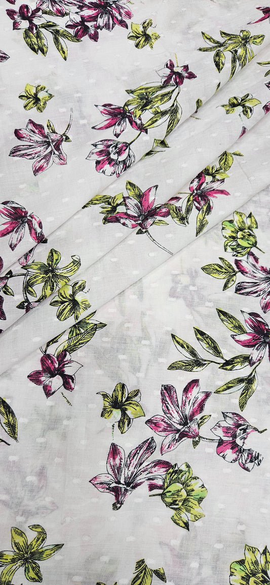 Pink Green Botanical Cotton Fabric