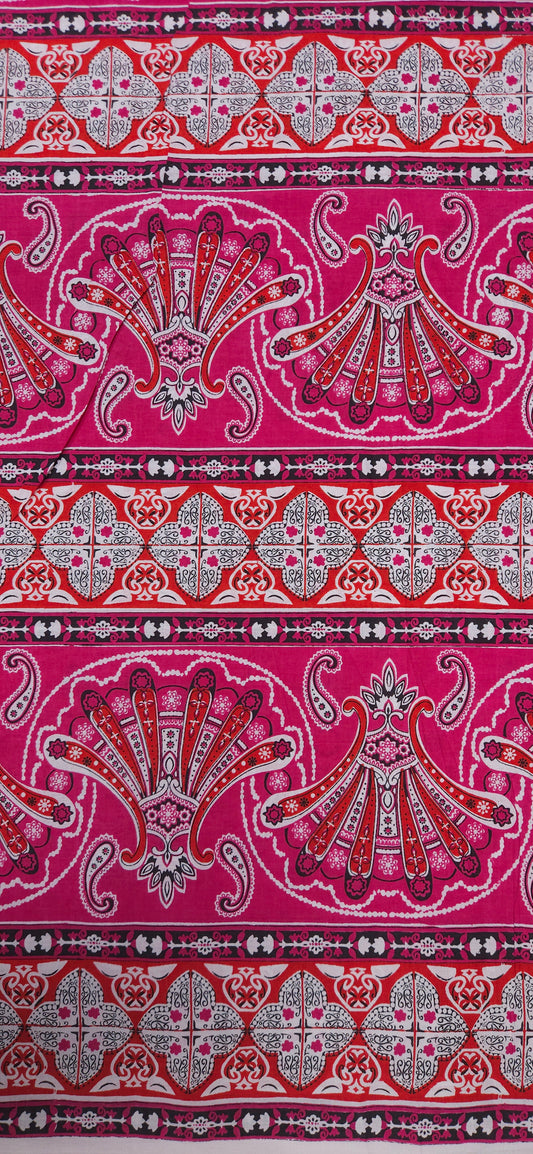Pink Ethnic Floral Border Cotton Fabric
