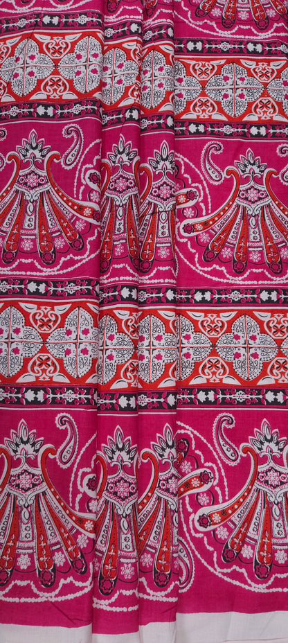 Pink Ethnic Floral Border Cotton Fabric