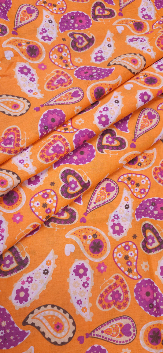Boho Paisley Cotton Fabric in Orange