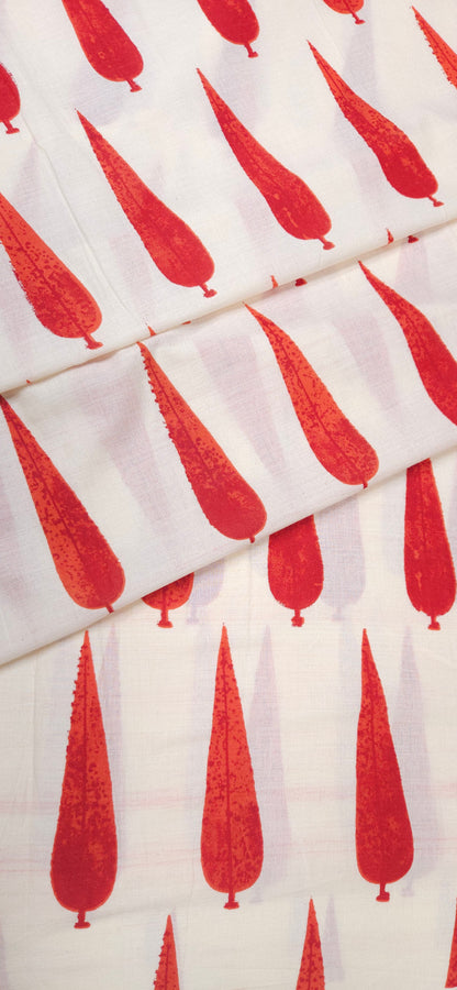 White Red Leaf Print Cotton Fabric
