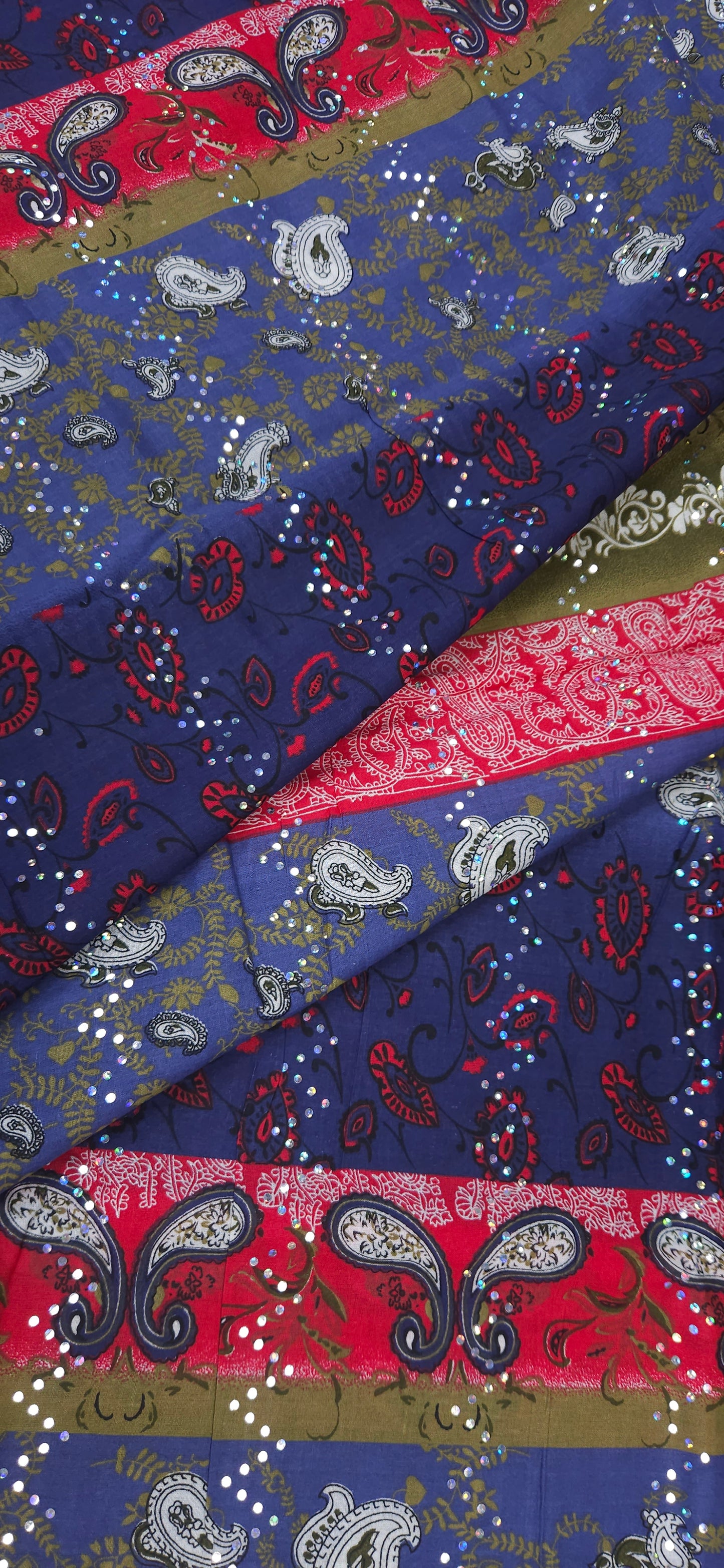 Blue Paisley Sequin Cotton Fabric