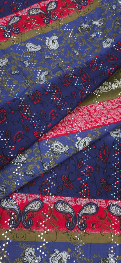 Blue Paisley Sequin Cotton Fabric