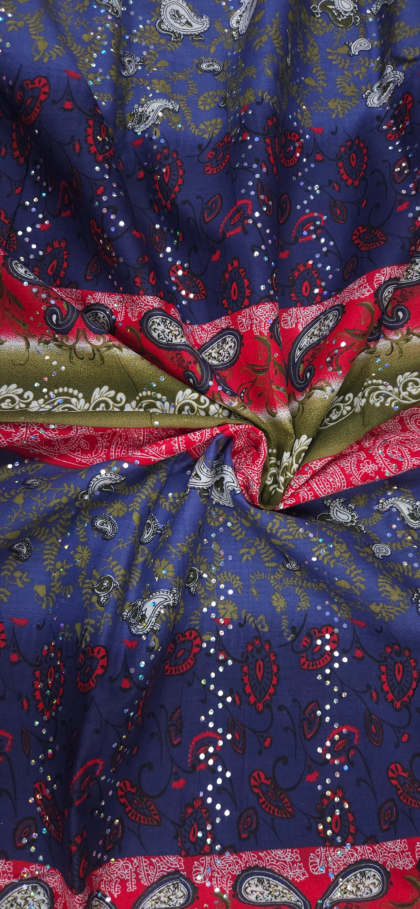 Blue Paisley Sequin Cotton Fabric