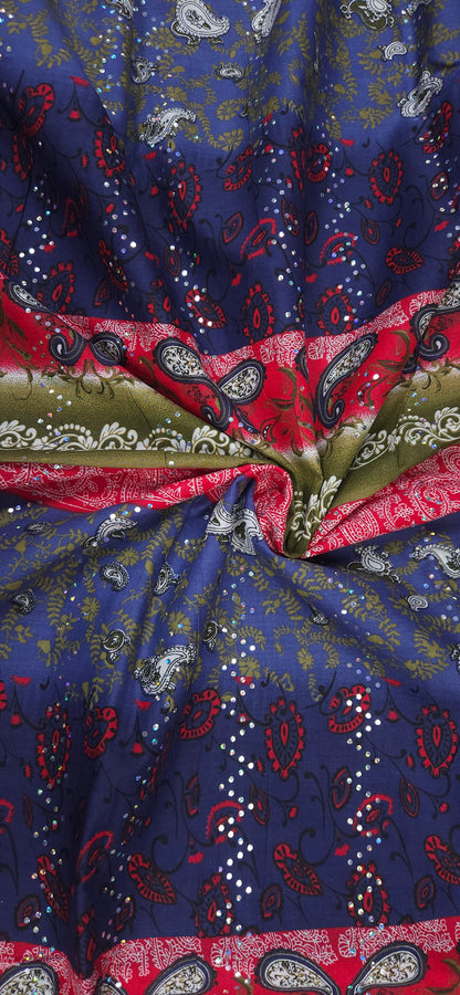 Blue Paisley Sequin Cotton Fabric