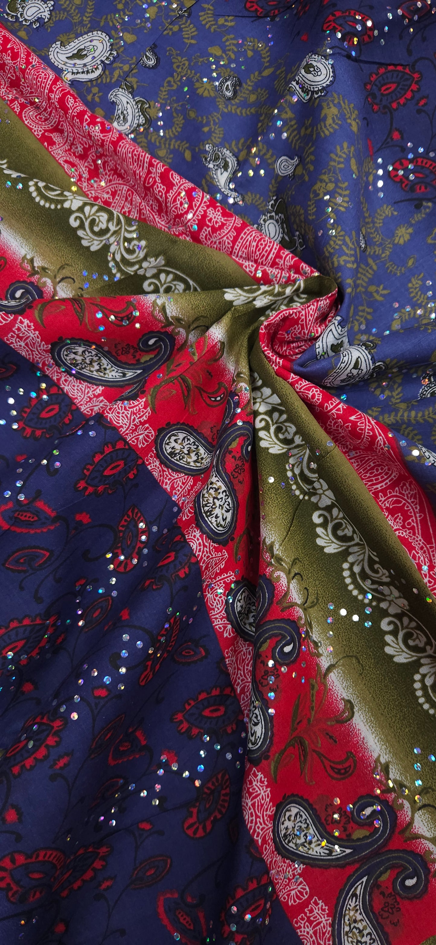 Blue Paisley Sequin Cotton Fabric