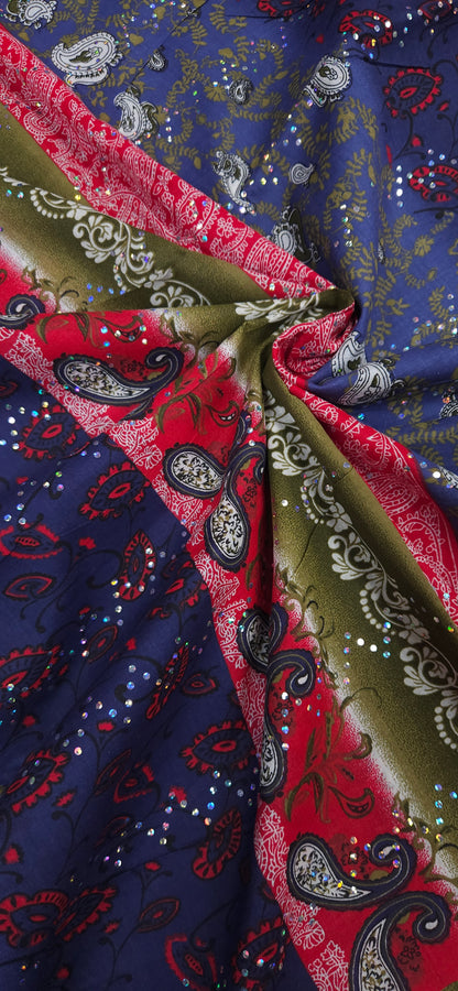 Blue Paisley Sequin Cotton Fabric