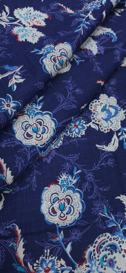 Navy Blue Floral Print Cotton Fabric