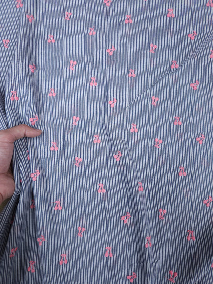 Blue Stripe Cotton Fabric with Cherry Embroidery