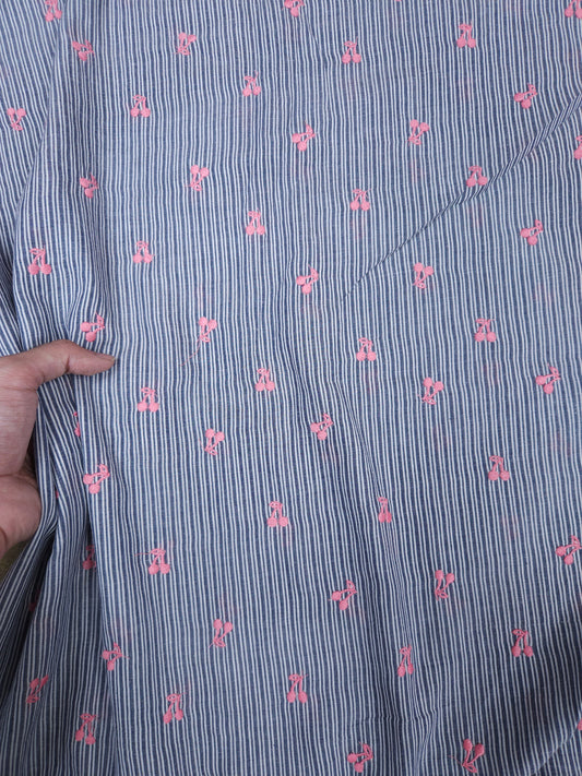 Blue Stripe Cotton Fabric with Cherry Embroidery