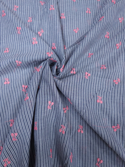 Blue Stripe Cotton Fabric with Cherry Embroidery