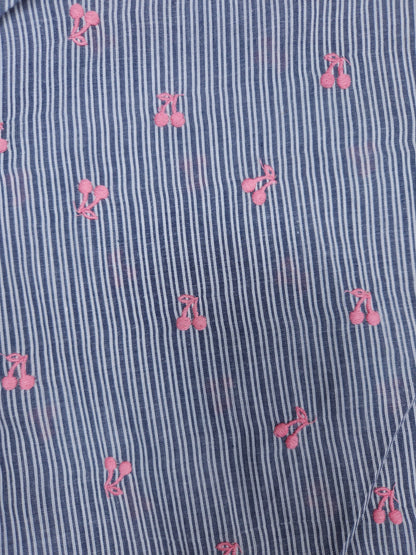 Blue Stripe Cotton Fabric with Cherry Embroidery