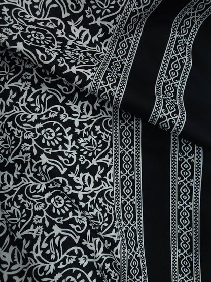Monochrome Floral Border Print Poplin Fabric