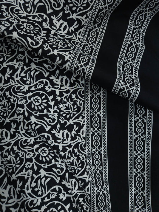 Monochrome Floral Border Print Poplin Fabric