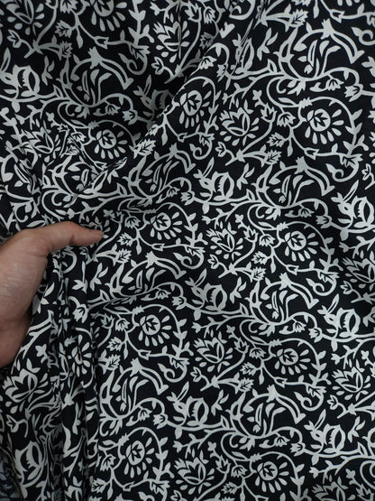 Monochrome Floral Border Print Poplin Fabric