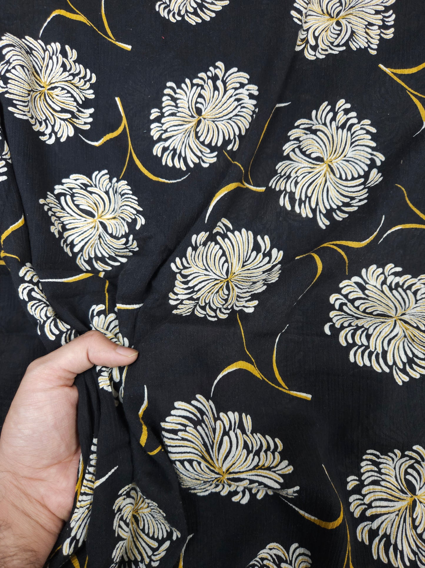 Black Floral Modal Rayon Fabric with Mustard Accents