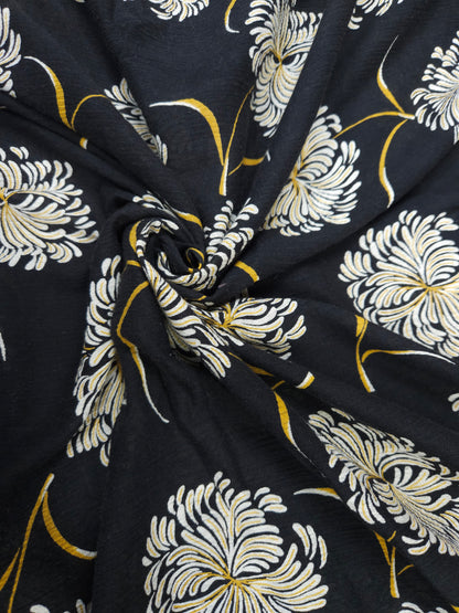 Black Floral Modal Rayon Fabric with Mustard Accents