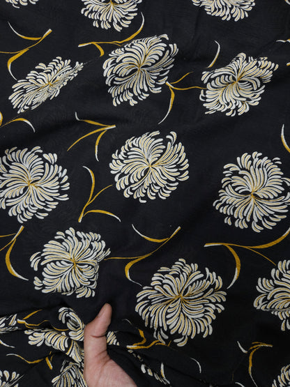 Black Floral Modal Rayon Fabric with Mustard Accents
