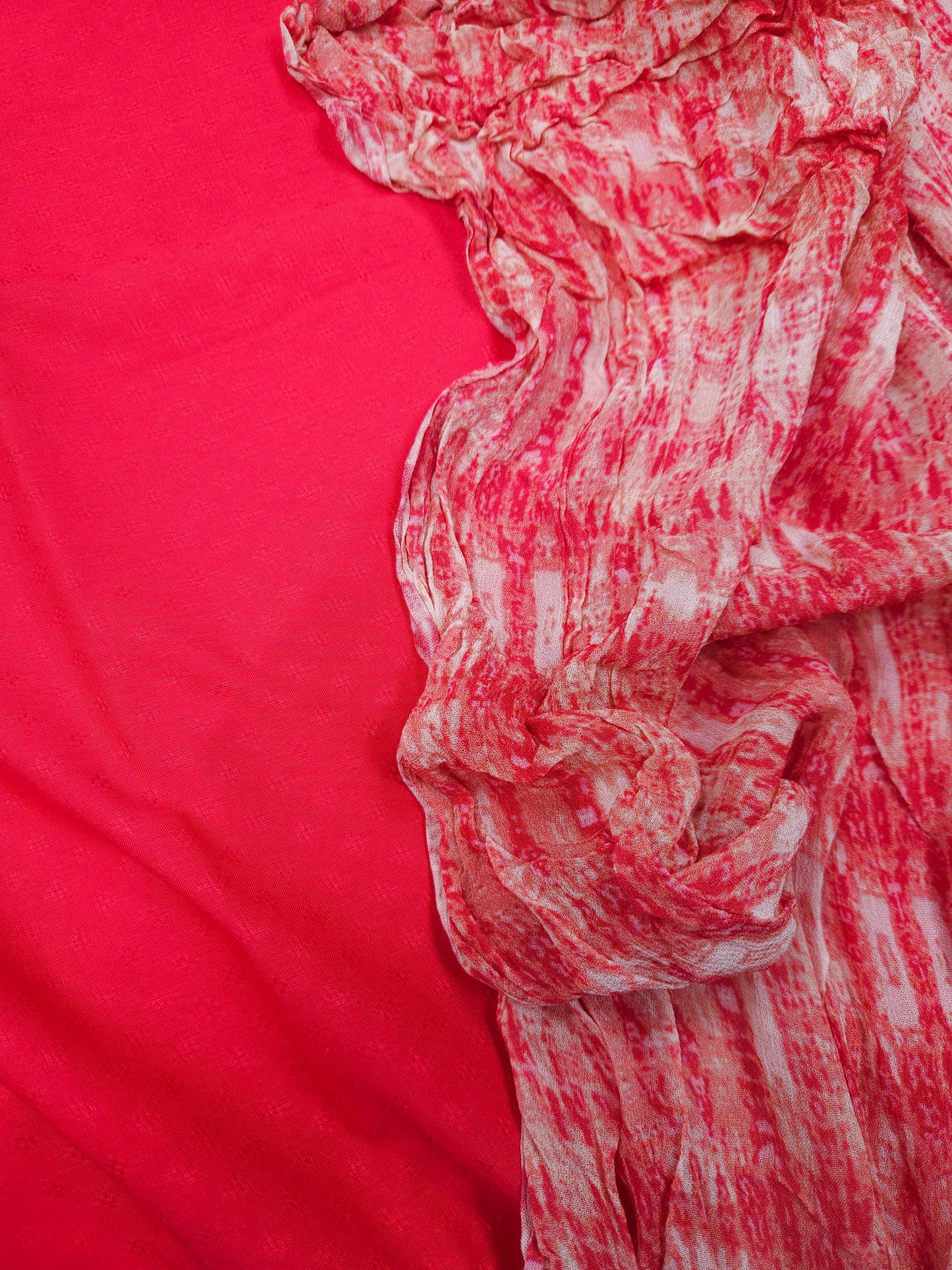 Coral Pink Modal Rayon Suit Set with Printed Chiffon Dupatta