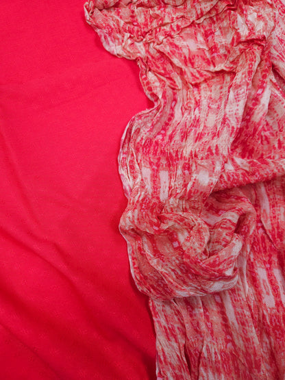 Coral Pink Modal Rayon Suit Set with Printed Chiffon Dupatta