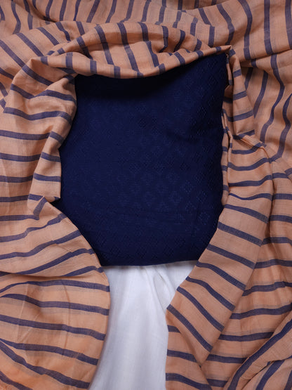 Dark Navy Modal Rayon Self Suit with Stripe Mal Cotton Dupatta